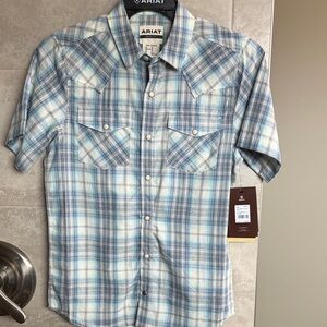 Ariat Men's Light Blue and White Plaid Shirt